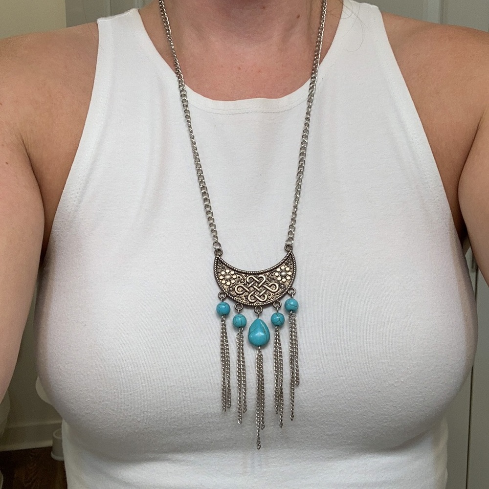 Turquoise & Silver Statement Necklace 22” Chain